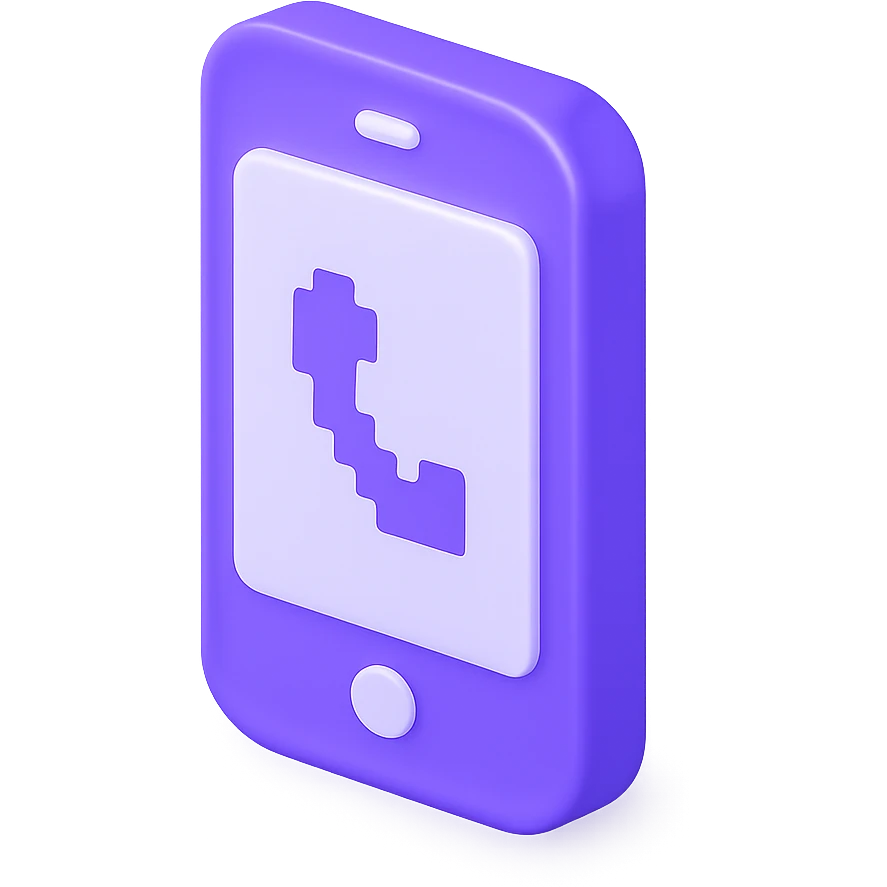 3D style smartphone icon with a touch of pixel art, primarily purple color, modern and shiny, subtle pixel details emoji