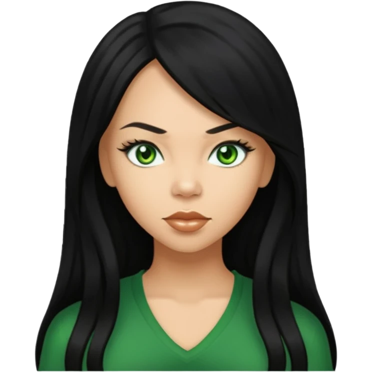 Kiely Williams with long black hair, green eyes emoji