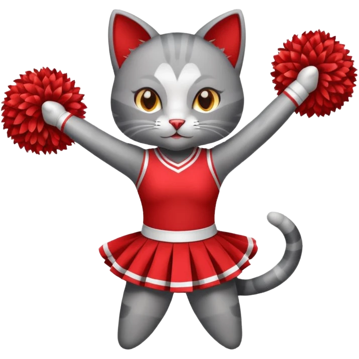A sleek grey cat cheerleader twirling pom-poms with confident energy. emoji