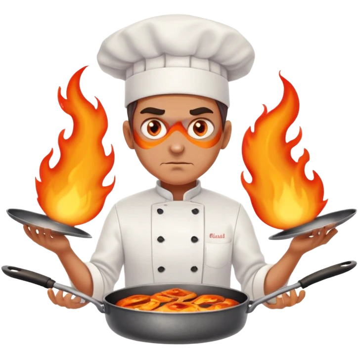 chef with intense flame eyes, crossing pans across chest in X formation emoji