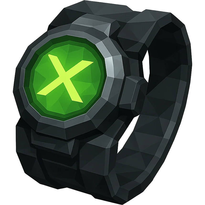 sci-fi alien wrist device, black with metallic silver, neon green glowing circular screen at center, unique alien symbol like double-headed arrow or X-shape, screen illuminated, advanced and durable, space lab technology, polygonal low-poly style emoji