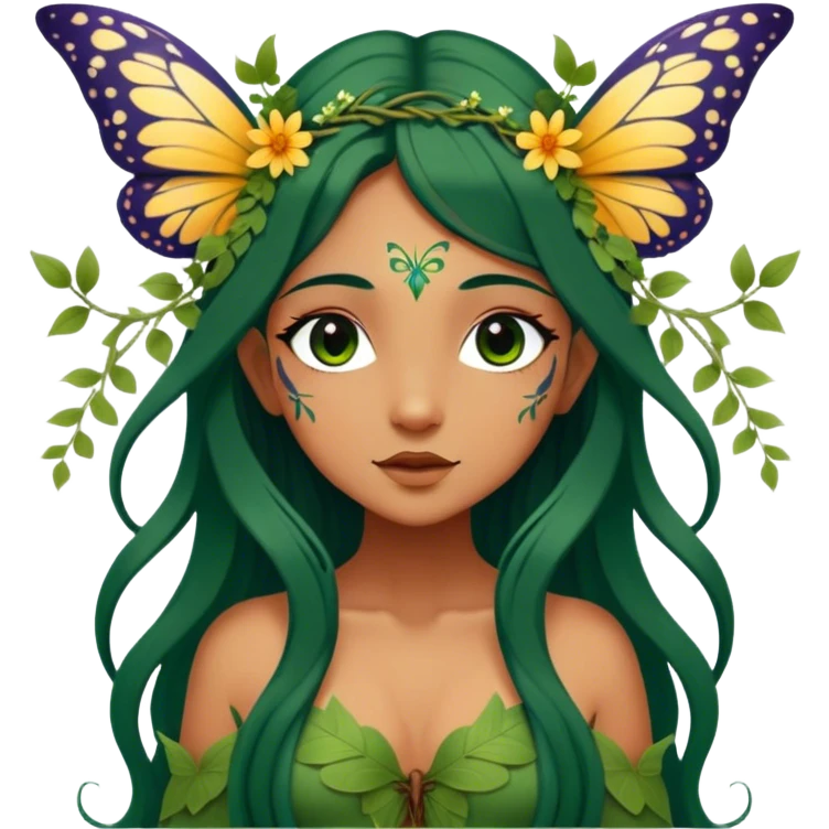 Cinematic Realistic Forest Fairy Portrait, depicted with lifelike, sun-kissed tanned skin that radiates an earthy glow, softly illuminated by natural, dappled light. Her long, flowing dark green hair is intricately detailed and interwoven with delicate vines and wildflowers, while her deep, soulful eyes mirror the wisdom of the forest. Dressed in an attire inspired by nature’s palette—with subtle botanical motifs—the portrait exudes a soft, enchanted glow that melds realism with woodland magic showing her large butterfly wings from her back. emoji