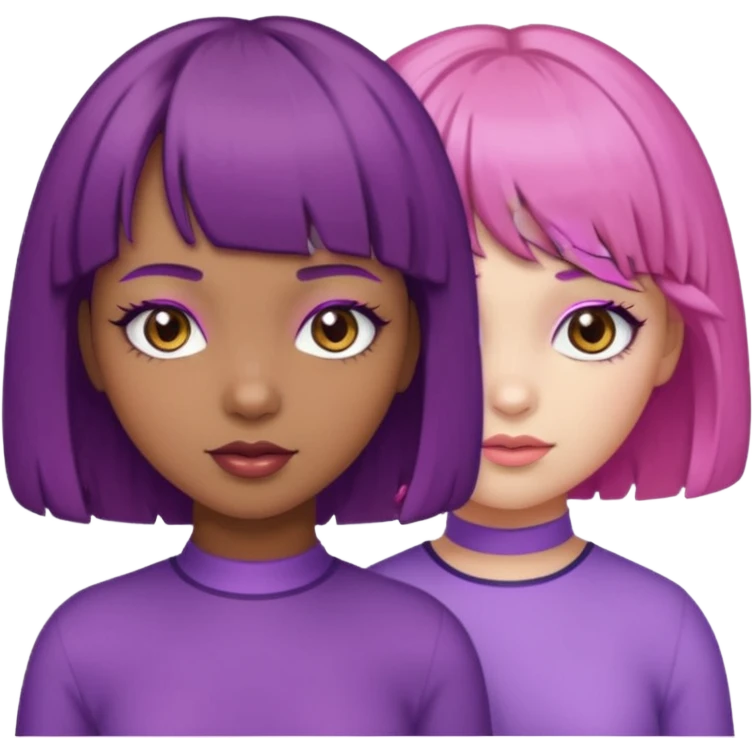 One girl with brown skin and short curly purple hair and brown eyes and another girl with white skin pink bob with bangs and hazel eyes  emoji