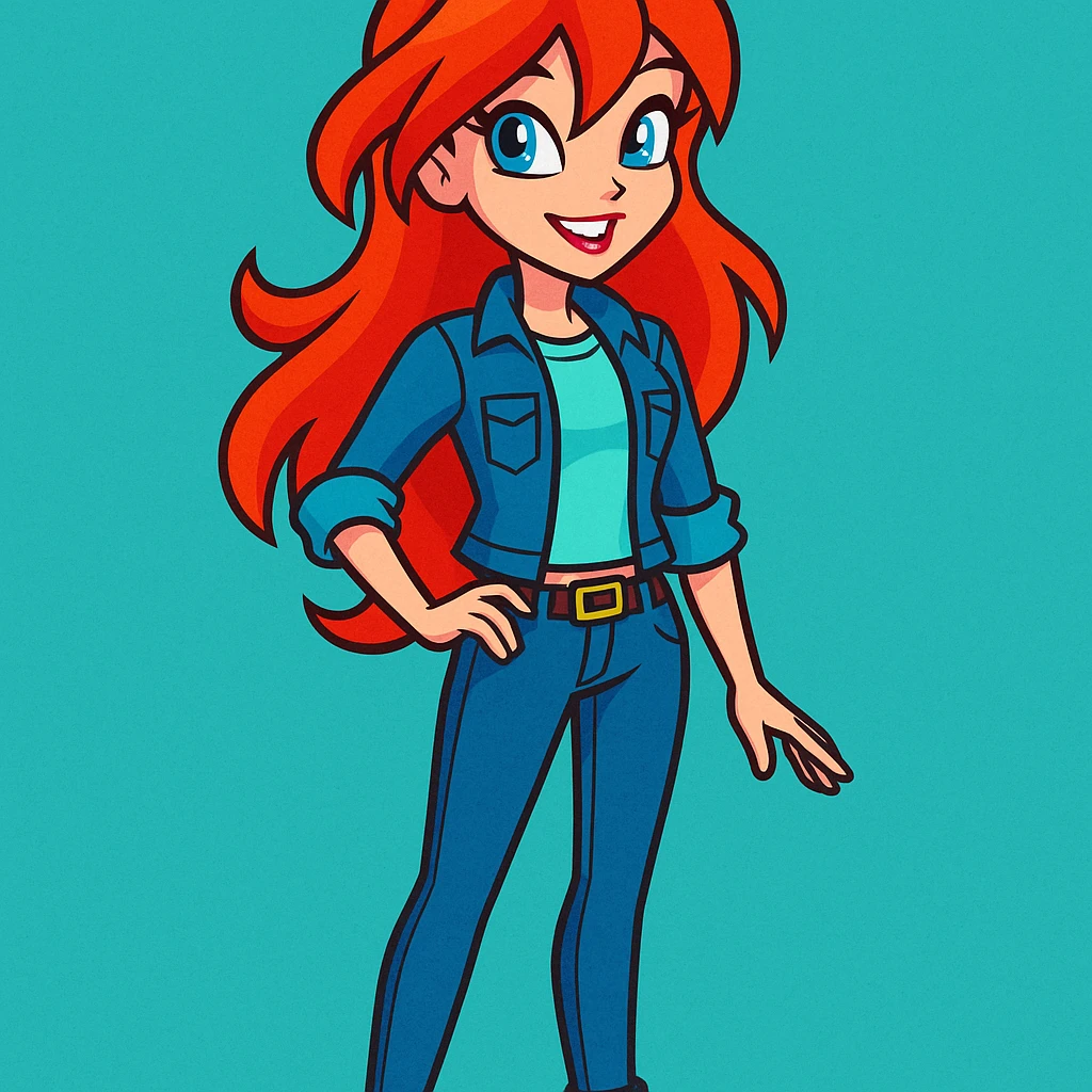 Bloom from Winx Club in casual clothes, standing, vibrant toon style, no glowing aura, casual modern look, smiling emoji
