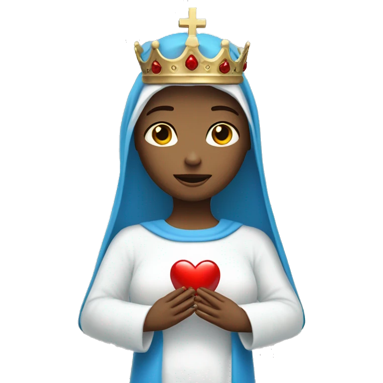 holy mary with a crown, with blue veil, with white clothes, with white skin, holding a red heart in her hands emoji