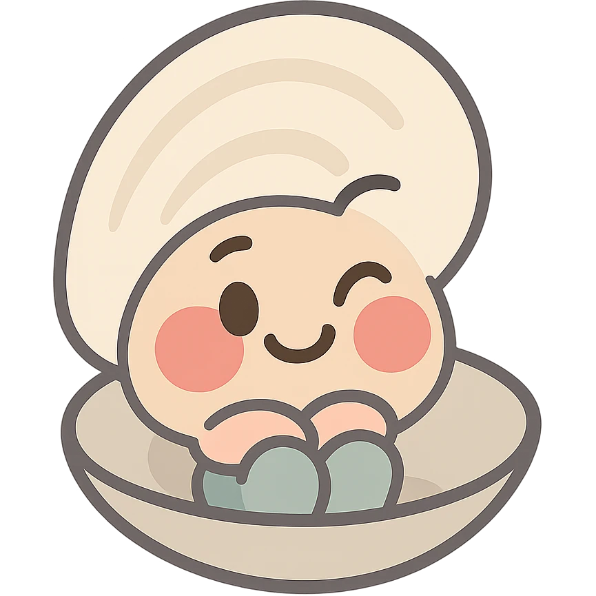 Create a cute oyster with a winking expression and very red cheeks, inspired by the reference image. Use pastel toon style with cream and greige colors. The background should be transparent. emoji