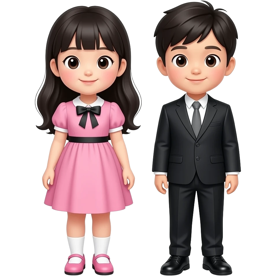 한국인 7세 누나와 3세 남동생.  남동생은 키가 훨씬 작다. 왼쪽 누나는 분홍 원피스에 검정리본이 장식되어 있는 원피스를 입고 분홍구두를 신고있어. 머리는 검정색 가슴기장으로 묶지 않고 있어. 오른쪽 남동생은 검정 정장을 입고 회색 나비넥타이를 매고 있고 검정 구두를 신고 있어. emoji