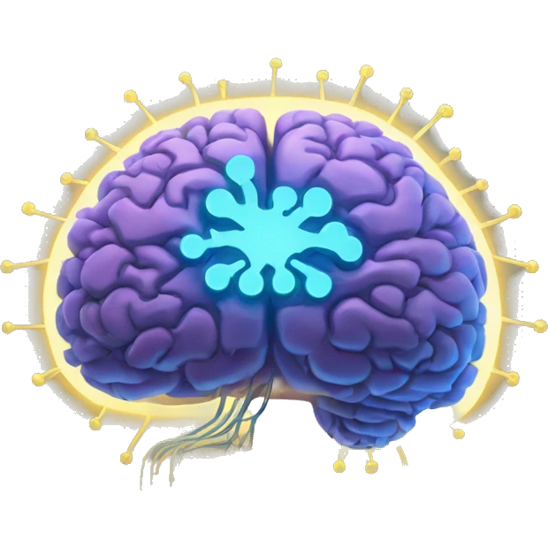 Brain with glowing neurons and computer chip on top emoji