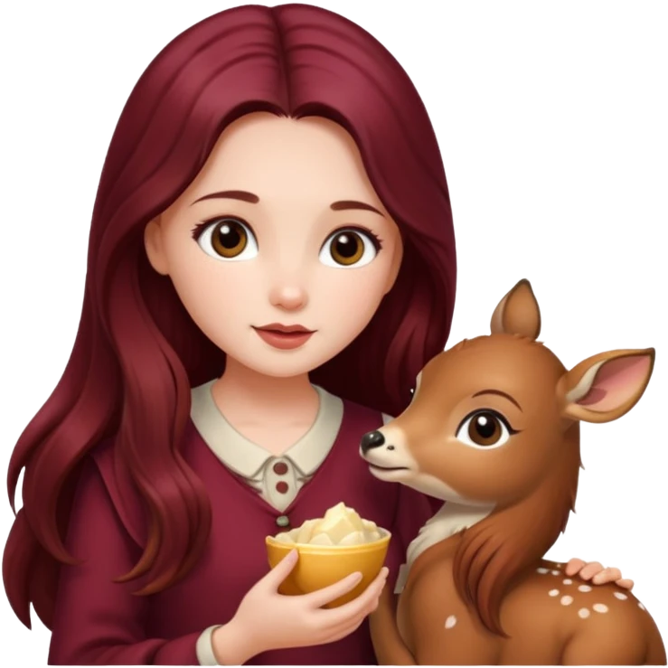 Beautiful burgundy long haired girl feeding baby deer emoji