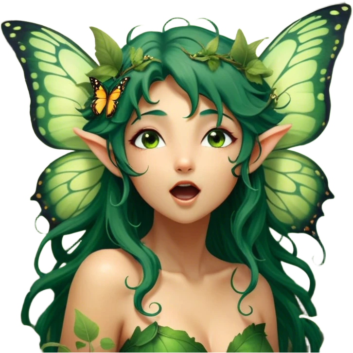 Cinematic Realistic Forest Fairy Portrait, head tilted slightly with a dramatic, wide-open yawn, revealing a tender, relaxed visage with finely detailed tanned skin and flowing, vine-adorned dark green hair gently framing her face. Her sleepy eyes exude a serene, dreamlike quality as soft natural sunlight filters through the canopy, showing her large butterfly wings from her back capturing the essence of a drowsy yet captivating forest drifting into peaceful slumber. emoji