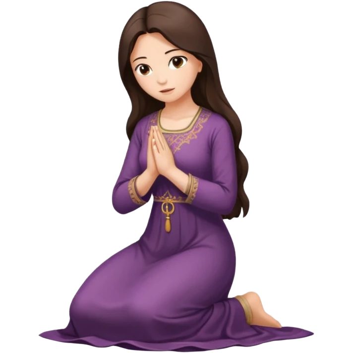 woman with long dark brown hair, kneeling and praying in a long dress emoji