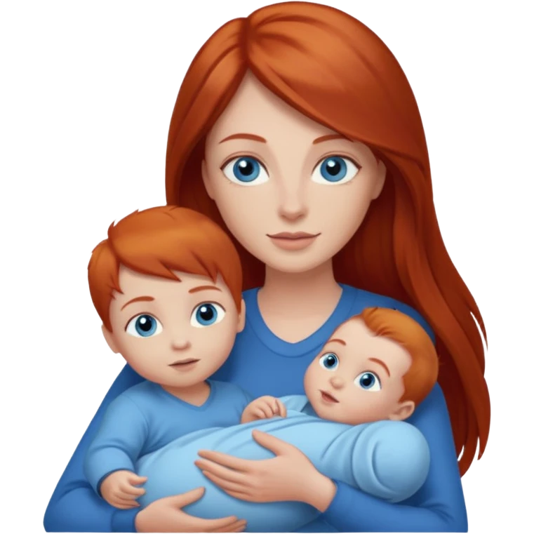 A red head with long straight hair, she has blue eyes with big boobs and a baby boy with blue eyes emoji