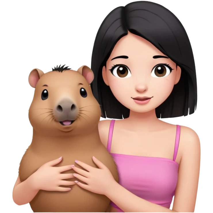 Perempuan muda berambut hitam medium dan lurus,mata berwarna hitam, berkulit putih tapi gak pale, pakai baju warna pink tube top dan menggendong capybara sambil mengedipkan mata emoji