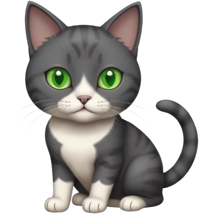 beautiful female solid dark grey cat with green eyes, white toes/paws and white patch on her chest playing emoji