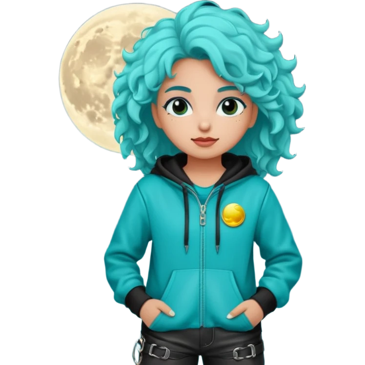 chica,pelirroja pelo rizado con poderes de la luna con un buzo turquesa con negro y unas botas de cuero emoji