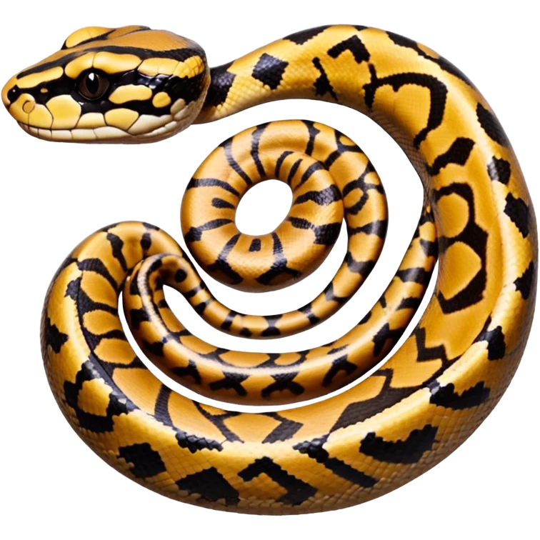 A photo-realistic top-down view of a Ball Python gently coiled into a tight spiral, with its head resting peacefully at the center. Its scales are warm brown with bold, irregular black markings, including the distinctive “alien-head” pattern, flowing smoothly along its body.  emoji
