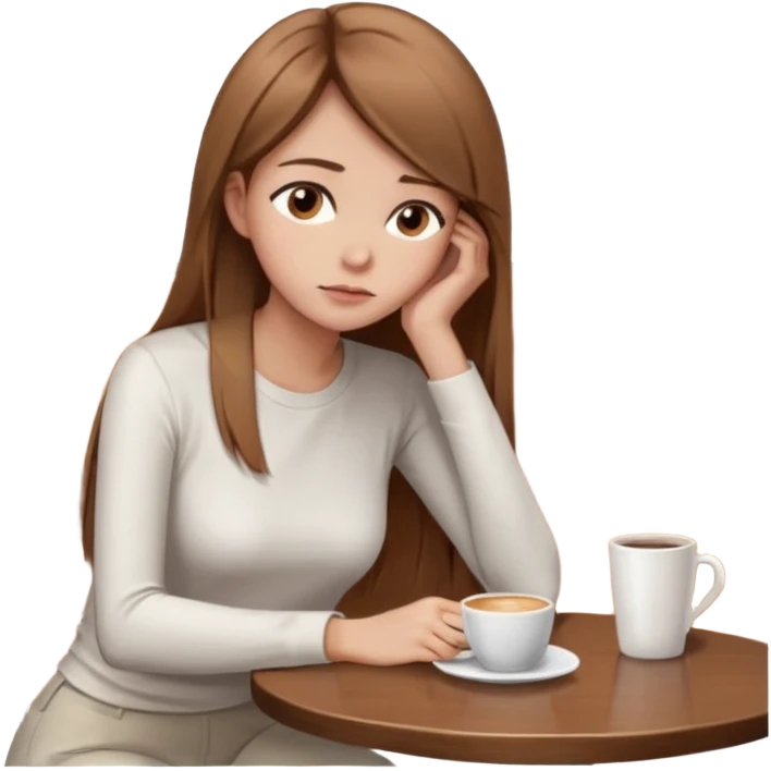 Cartoon emoji of a girl with long, straight light brown hair, fair skin, brown eyes. Wearing a white top and simple pants. Sitting alone at a café table, shoulders slightly hunched, head slightly down, looking unsure and thoughtful emoji