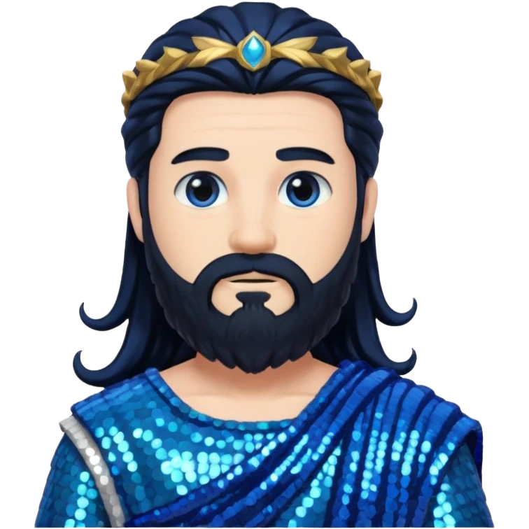 Neptune from Roman Deities with long black hair and beard, blue sequin toga emoji