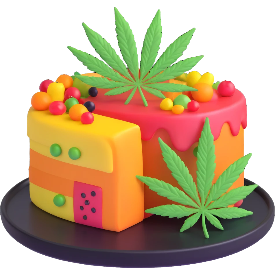colorful frosted fruit cake with cannabis leaf on a plate emoji