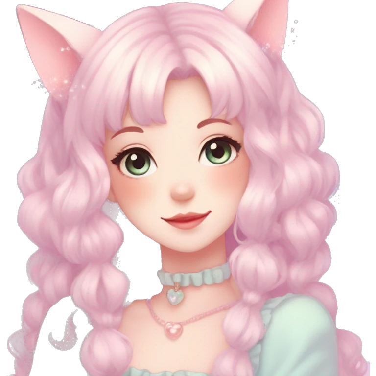 Gorgeous pastel anime style lady with blushing face and cat ears cottagecore fairycore pastelcore colorful pearly romantic simplistic aesthetic trending style emoji