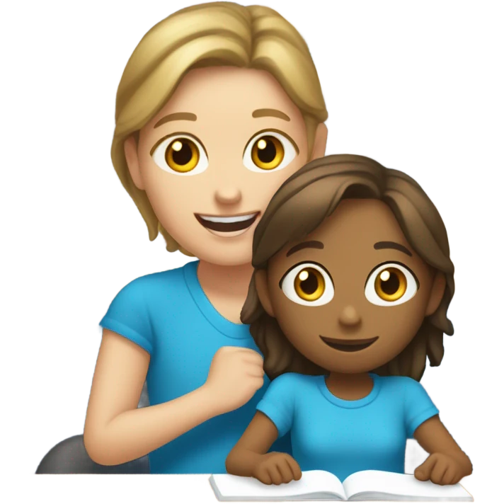 One Little Girl, white skin, bronze hair, smile, tutor, bright blue t shirt, icon  emoji