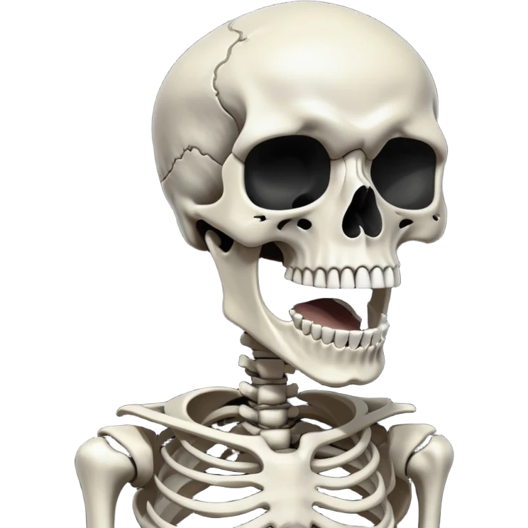 Skeleton super idol screaming but a very white decomposed skeleton head (the decomposed skeleton head has no lower jaw and only 4 upper teeth) covering his face and behind it is a (somewhat) dark gray color and the background is pitch black emoji