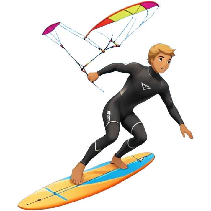An athlete in a wetsuit riding a kiteboard, soaring over the sea waves with the kite high in the sky. The background features a vibrant blue sky and crashing ocean waves, capturing the thrill and freedom of kitesurfing in dynamic motion. emoji