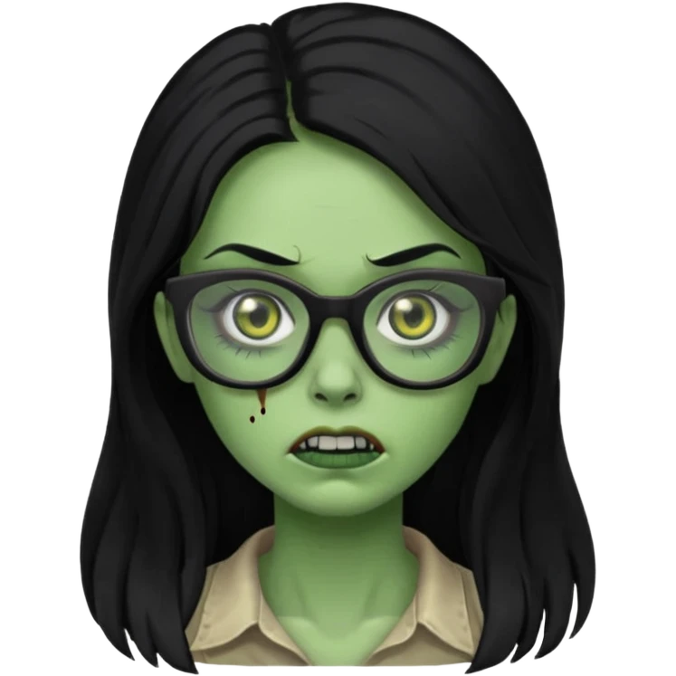 crie um emoji de zumbi feminino, com pele verde, óculos preto e cabelo longo preto emoji
