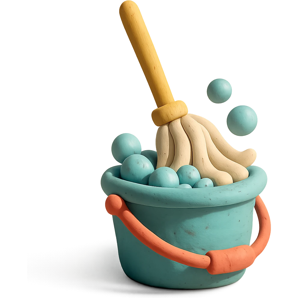 mop inside a bucket with soapy bubbles, playful arrangement, pastel palette, claymation style emoji