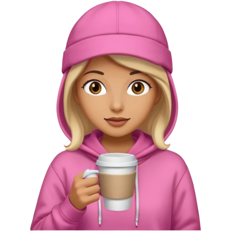 Woman in pink hoodie and cap holding coffee emoji