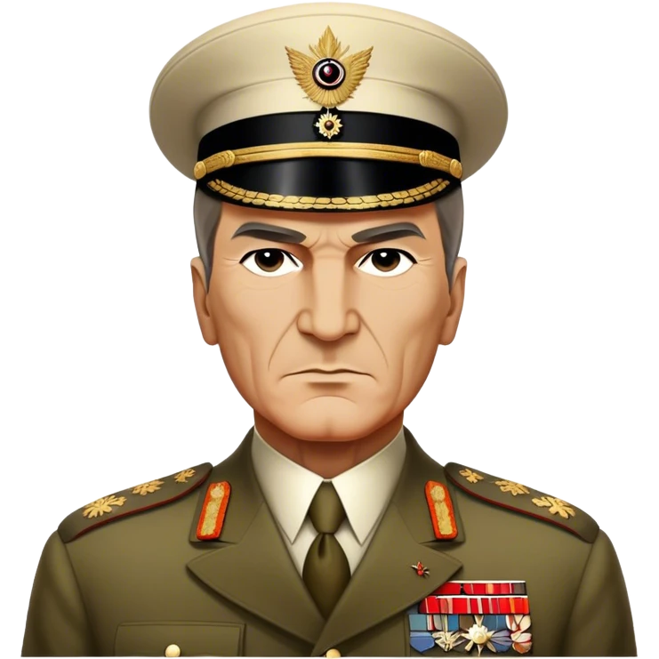Cinematic Realistic Mustafa Kemal Atatürk Portrait Emoji, depicted as a visionary statesman with a determined gaze and period military attire, rendered with rich textures and dynamic historical lighting that captures his transformative leadership. emoji