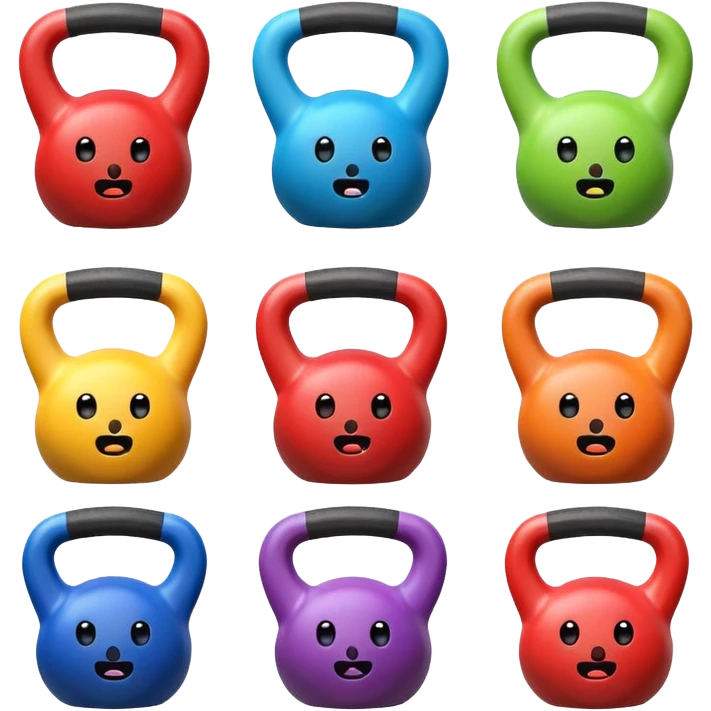 6 colorful cartoon kettlebells with faces, arms, legs, white background. emoji