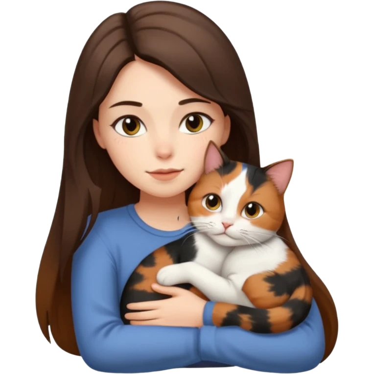 Brunette woman with long hair snuggling short haired calico cat emoji