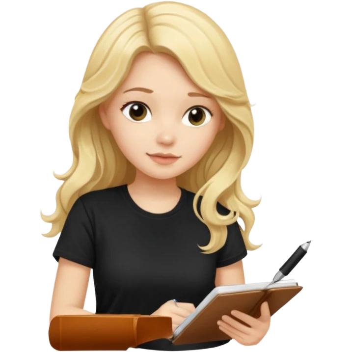 A beautiful blonde with long wavy hair in a black T-shirt sits and writes in a diary with a pen. emoji