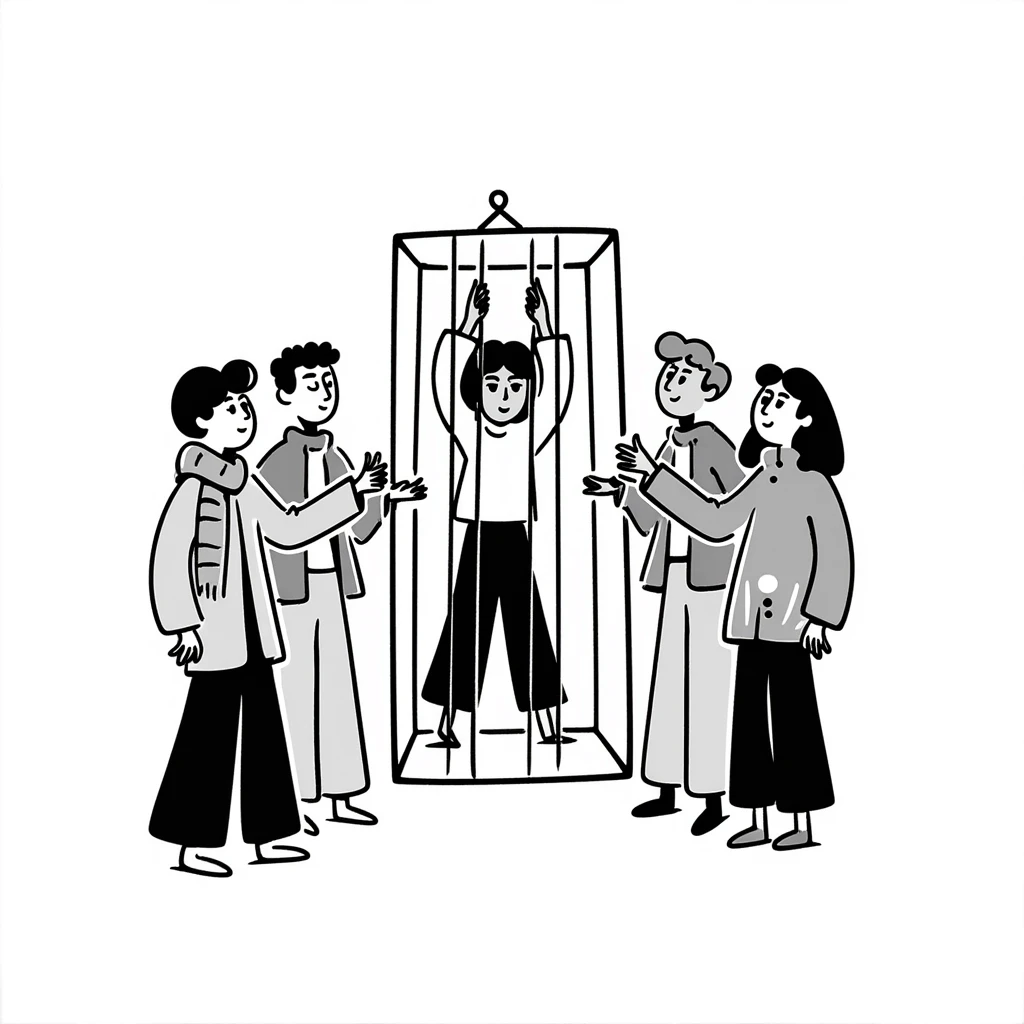 a person inside a cage with several spectators watching, hand drawn doodle style emoji