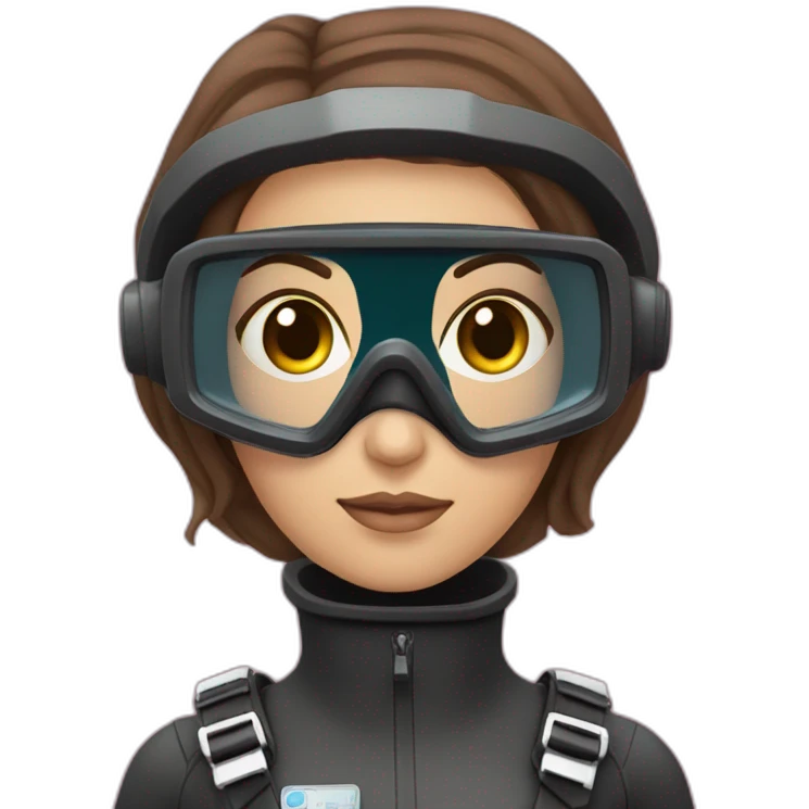 a woman with a scubadiver suit. pink dive mask, with blues eyes inside. brown largue and straight hair emoji