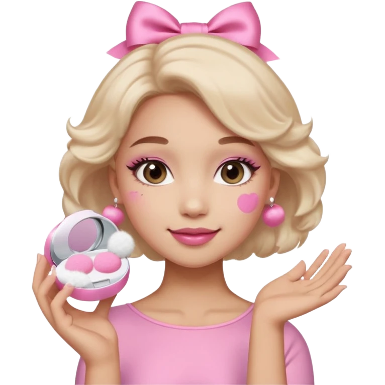 female face, light skin tone, small simple closed smile. One hand visible holding a round fluffy pink makeup powder puff pressed to the cheek; the puff has a small satin bow. emoji