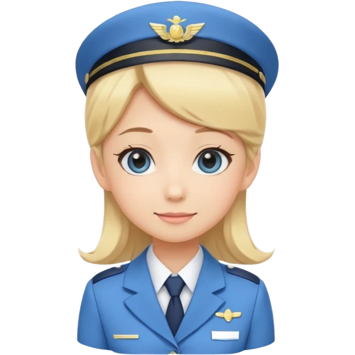 Cute emoji-style Japanese flight attendant, blonde hair, pastel blue airline uniform, kawaii cartoon style, big eyes, simple clean lineart, pastel colors, chibi proportions, friendly smile, sticker/emoji, transparent background emoji
