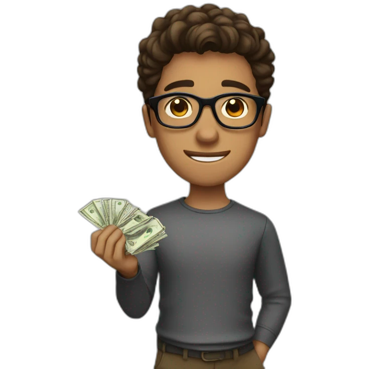 young guy with full black glasses, brown hair and money in hand emoji
