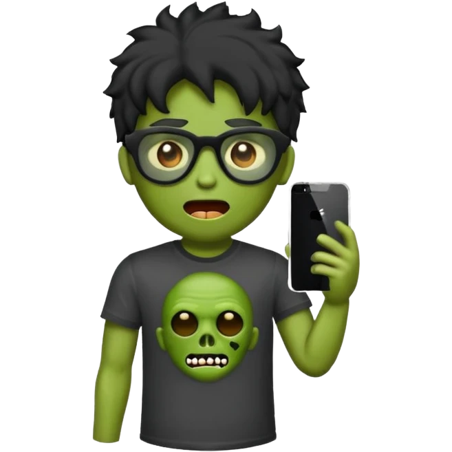 Crie um zumbi estilo emoji do iPhone com cabelo ondulado grande preto com camiseta preta e óculos de grau preto emoji