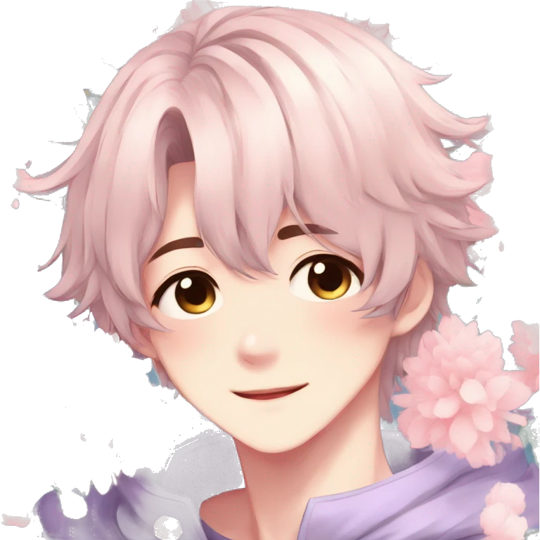 Gorgeous pastel anime style shojo guy with blushing face and flowers aesthetic trending style emoji
