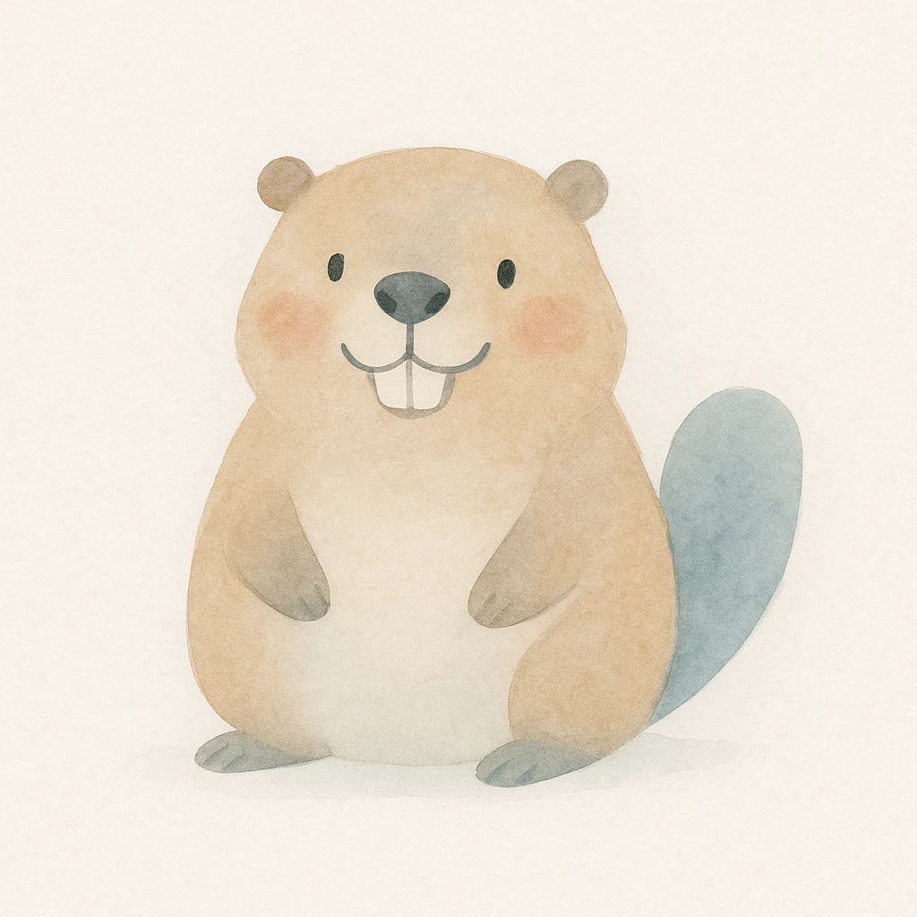 cute friendly beaver character, bright expression, round body, emphasized front teeth, watercolor style emoji