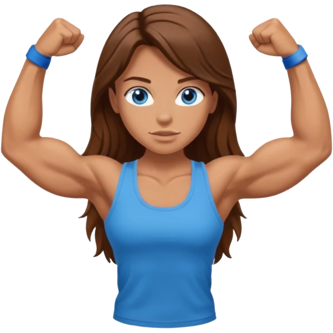Girl with long brown hair, blue eyes and really muscular arms, flexing her muscles. Wearing a tank top emoji