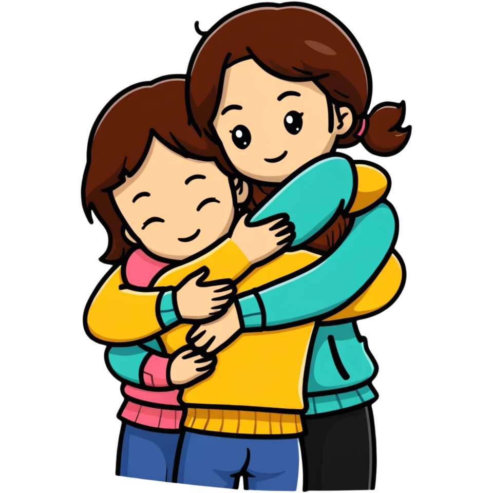 two girls hugging, one with brown hair emoji
