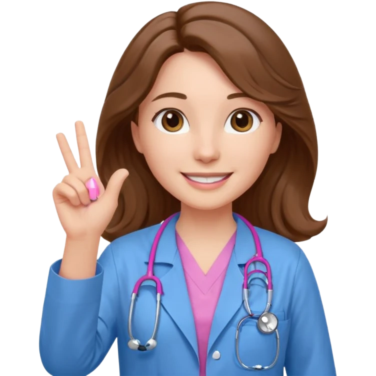 Barbie like emoji of a white woman with brown eyes and long wavy brown hair wearing blue scrubs, white lab coat, pink stethoscope, and raising one hand and a warm smile emoji