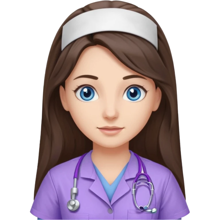 pretty brunette nurse with long hair and blue eyes in lilac scrubs emoji