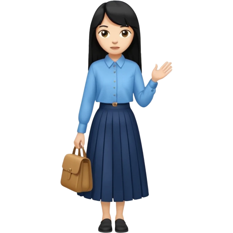hair : black long hair with fringe 
skin : light 
cloth : oversize light blue shirt + navy long long skirt 
motion : walking 
carry: just hand emoji