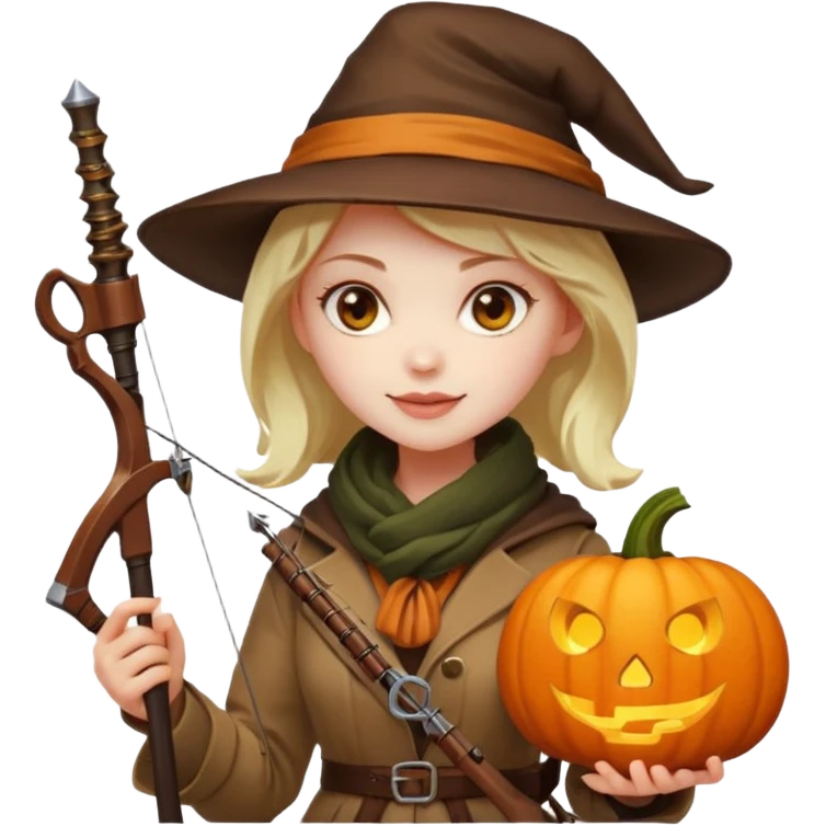 female human monster hunter emoji, wearing brown coat and hat, holding crossbow, soft smile, scarf, glowing pumpkin by her side, Halloween fantasy style, clean vector Apple emoji look, bright colors, white background, square emoji