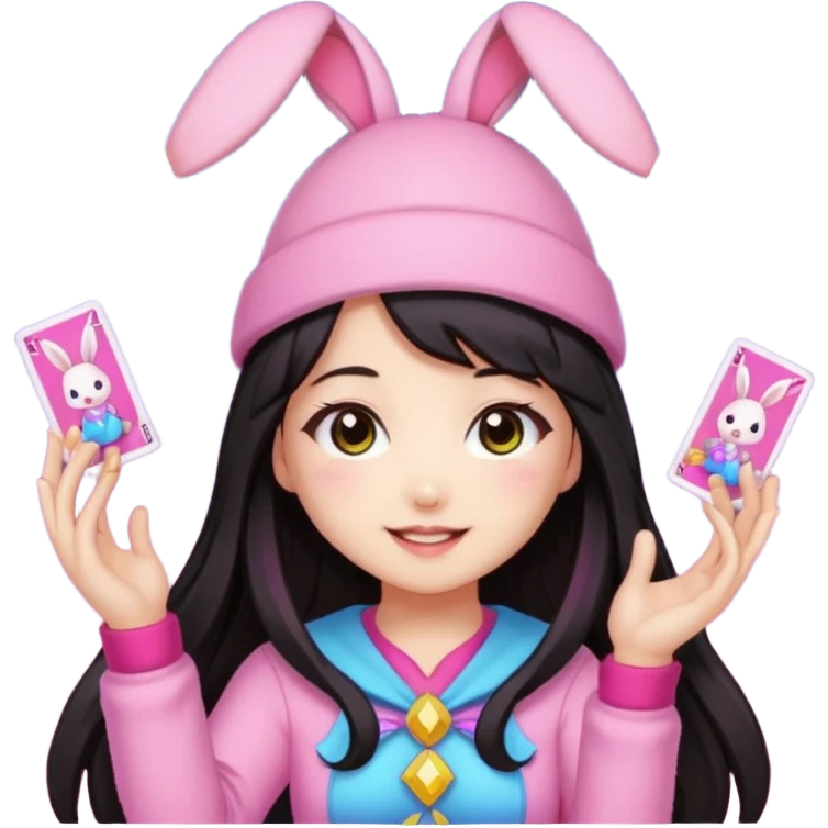 pixel art chibi asian girl with dark long hair in pink bunny ears hat magical girl with kawaii tarot cards thrown in air pixel emoji emoji