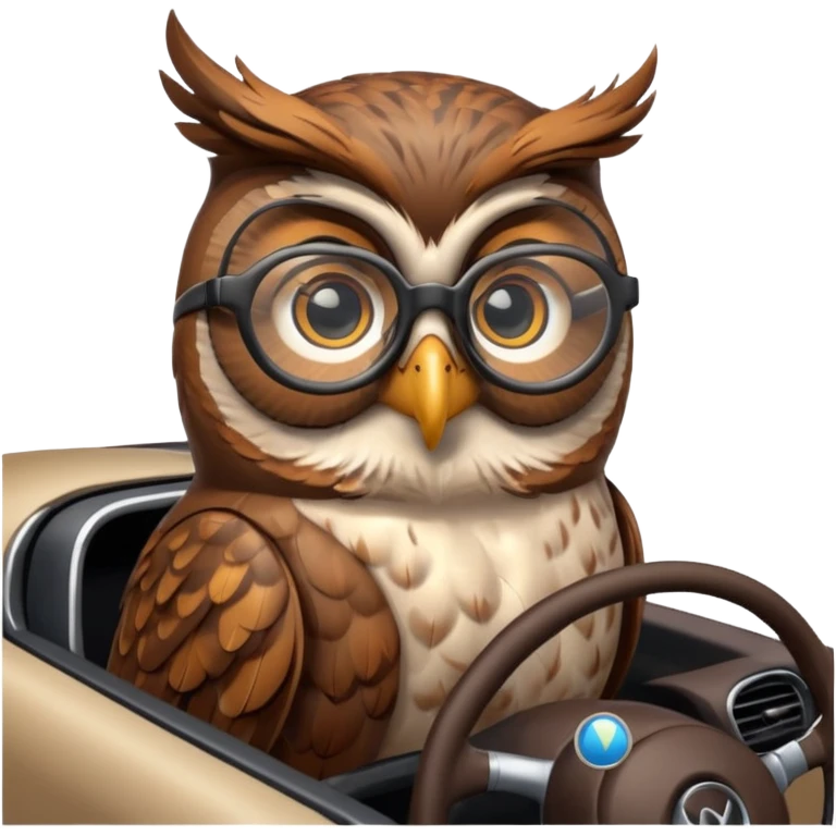 Сова в машине за рулем, в очках, с навигатором emoji